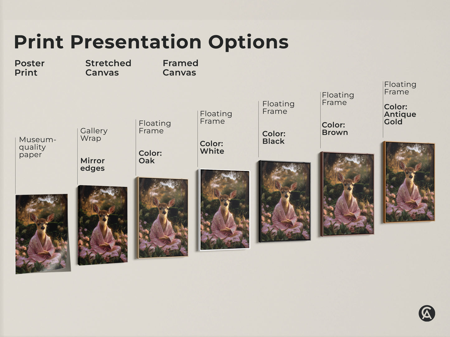 Print presentation options for spiritual deer art. Choose from poster stretched or framed canvas. Various frame colors are available. Find museum quality paper gallery wrap floating frames in black brown oak antique gold and white.
