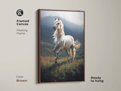 Framed canvas artwork of a white horse in a meadow. The brown floating frame enhances this equestrian art print. It is ready to hang and brings nature inside. This realistic horse artwork is a perfect gift for horse enthusiasts. The landscape is blue and green.