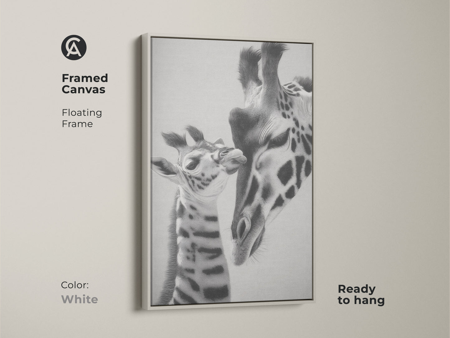 Framed canvas featuring a monochrome giraffe wall art print. It is a realistic pencil sketch of a mother and baby giraffe. Ready to hang this white framed artwork is a perfect gift for wildlife lovers bedroom animal print.