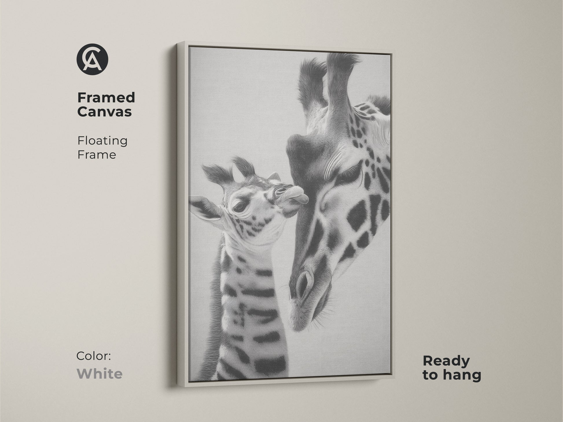 Framed canvas featuring a monochrome giraffe wall art print. It is a realistic pencil sketch of a mother and baby giraffe. Ready to hang this white framed artwork is a perfect gift for wildlife lovers bedroom animal print.