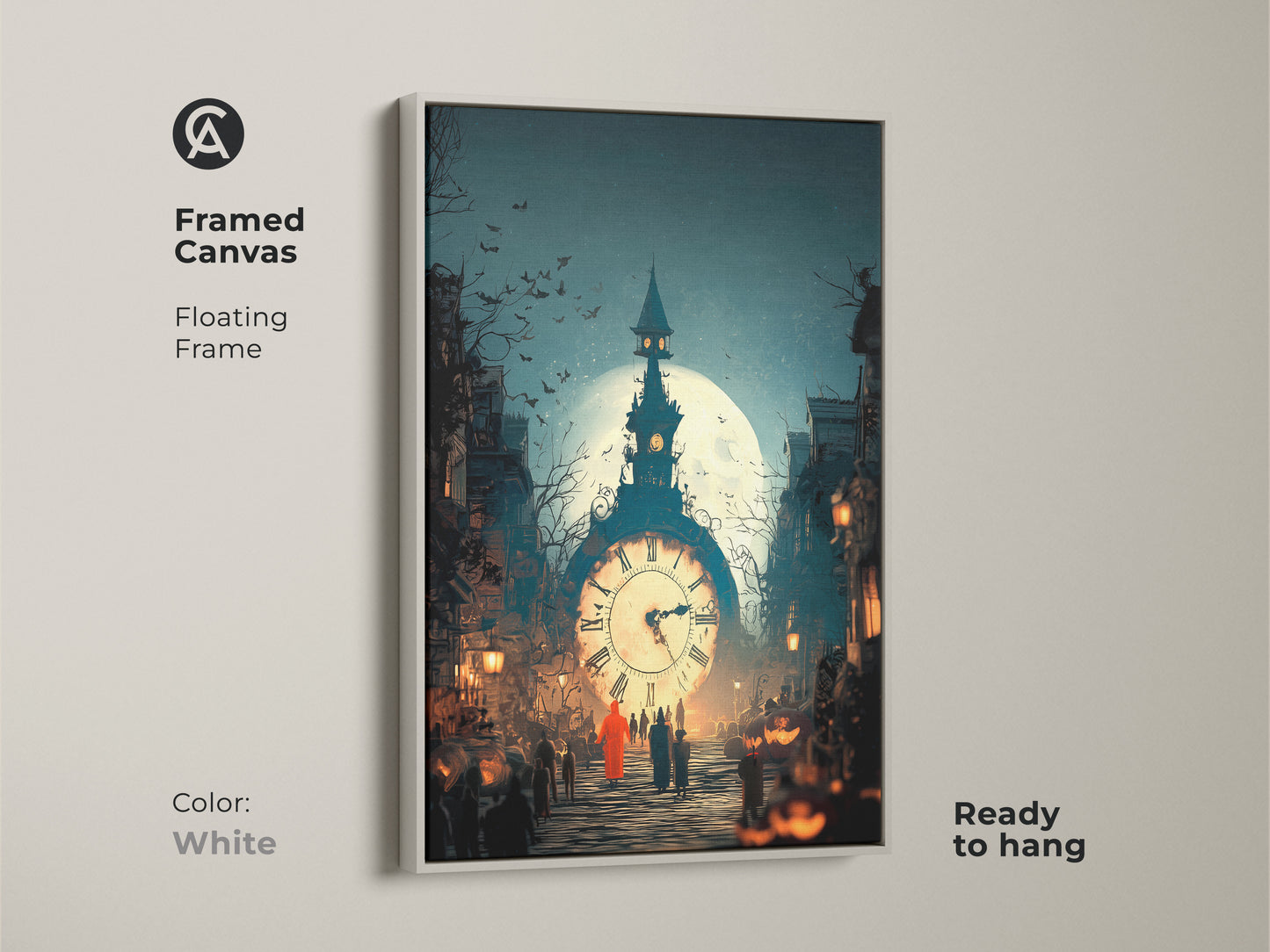 Framed canvas displaying Gothic Clock Tower wall art. The white frame enhances the dark blue and orange hues. This surrealism street scene looks great in any room. See the haunted clock tower painting beneath the full moon. A perfect gift.