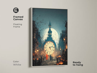 Framed canvas displaying Gothic Clock Tower wall art. The white frame enhances the dark blue and orange hues. This surrealism street scene looks great in any room. See the haunted clock tower painting beneath the full moon. A perfect gift.