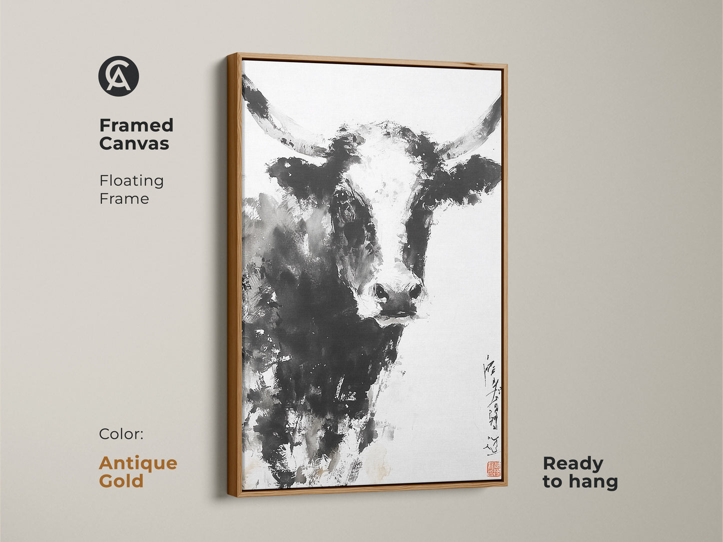This canvas features a painting of a bull. The floating frame is antique gold. The artwork is ready to hang. The gold frame enhances the artwork. This is a great addition to any room. Consider this amazing animal art for your space.