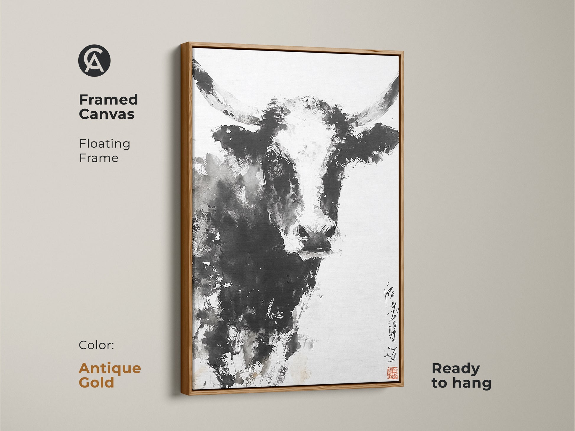This canvas features a painting of a bull. The floating frame is antique gold. The artwork is ready to hang. The gold frame enhances the artwork. This is a great addition to any room. Consider this amazing animal art for your space.