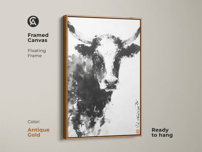 This canvas features a painting of a bull. The floating frame is antique gold. The artwork is ready to hang. The gold frame enhances the artwork. This is a great addition to any room. Consider this amazing animal art for your space.