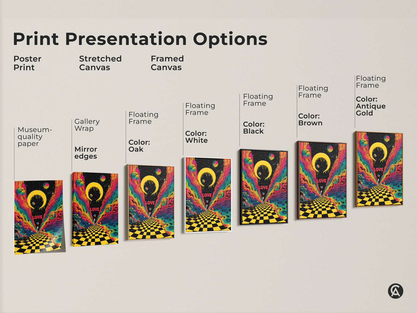 This image showcases different print presentation options. It displays a poster print a stretched canvas and framed canvas. The artwork shows a psychedelic astronaut in a surreal cosmic scene with rainbow colors.