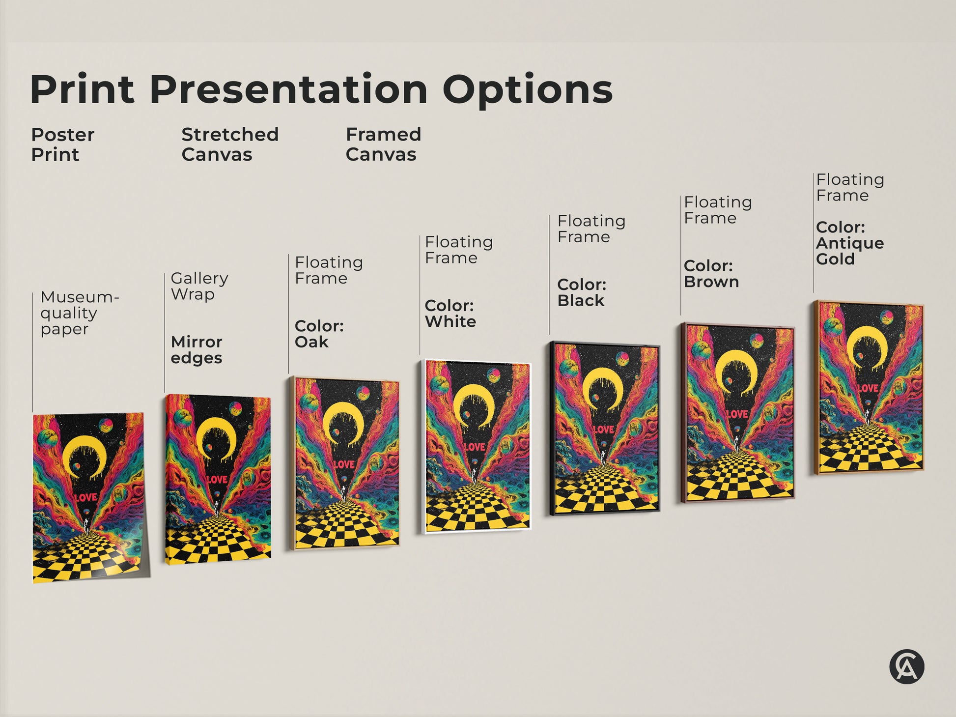 This image showcases different print presentation options. It displays a poster print a stretched canvas and framed canvas. The artwork shows a psychedelic astronaut in a surreal cosmic scene with rainbow colors.