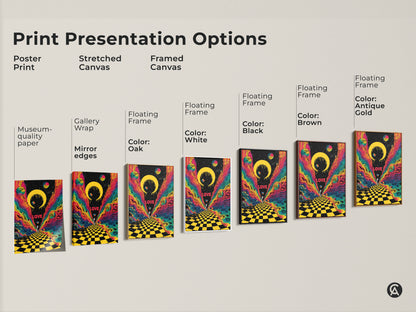 This image showcases different print presentation options. It displays a poster print a stretched canvas and framed canvas. The artwork shows a psychedelic astronaut in a surreal cosmic scene with rainbow colors.