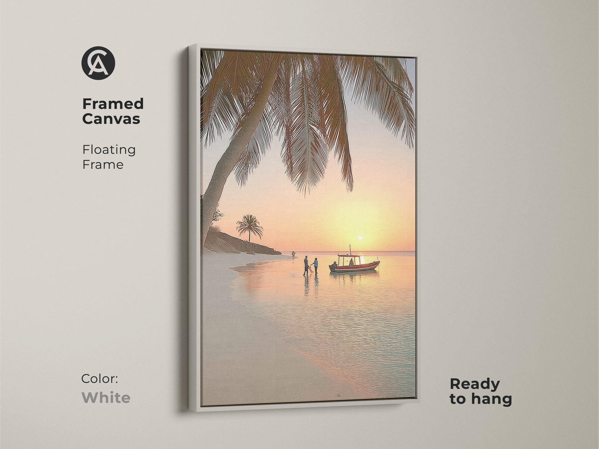 Framed canvas print of a beach sunset in a white floating frame. The coastal artwork features a palm tree boat and people on the beach. This ready to hang tropical ocean scene adds tranquility to your home. It makes a thoughtful housewarming gift for beach lovers.