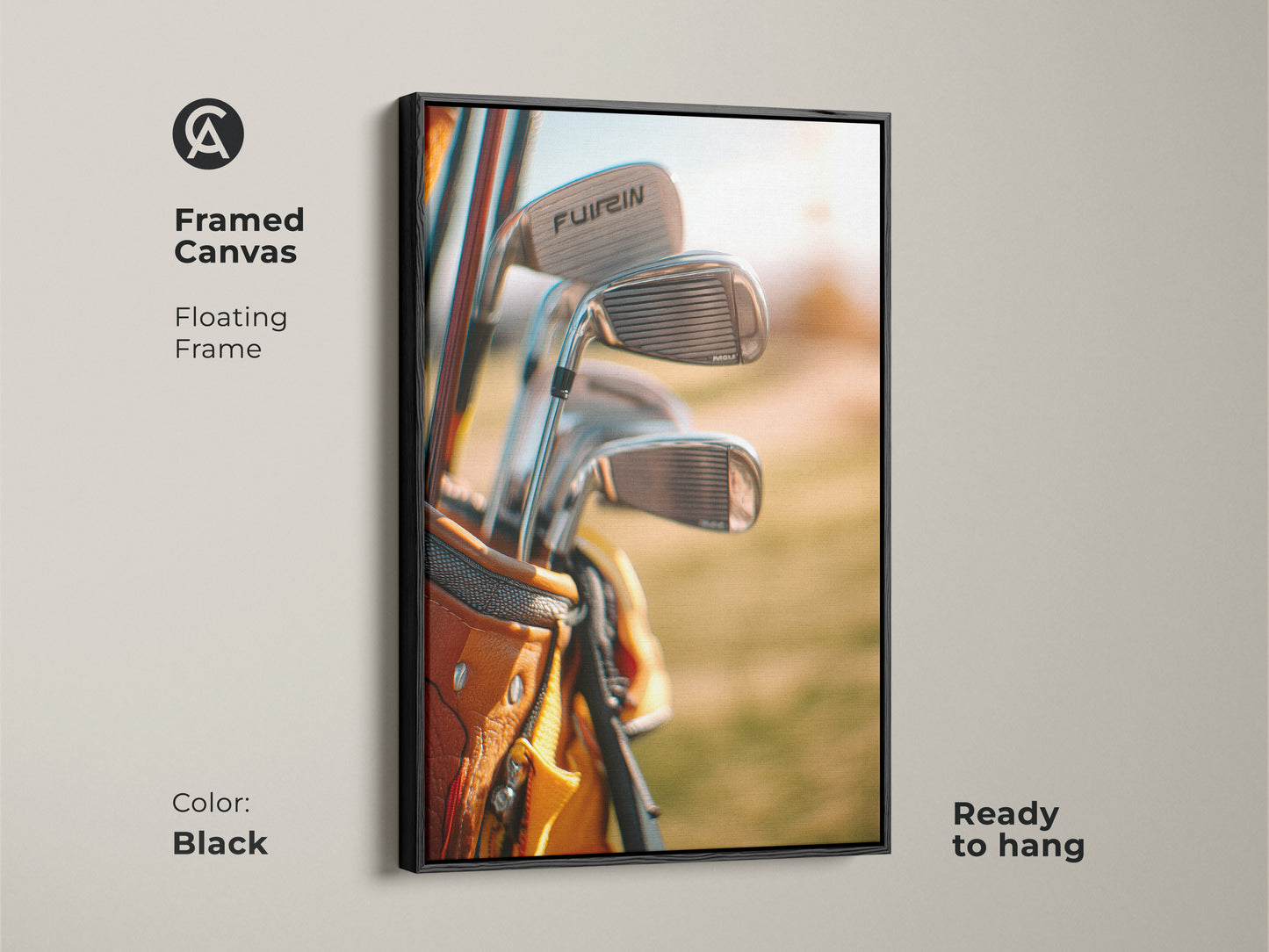 Framed canvas art of golf clubs in a tan golf bag with a floating black frame. Ready to hang. This framed golf artwork is a stylish addition to any room. Perfect for sports art collectors