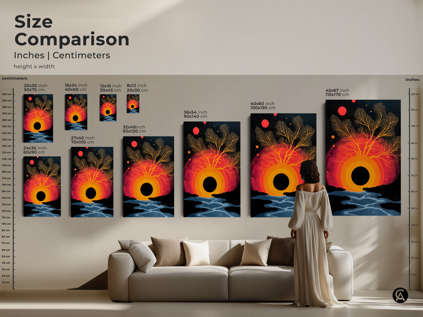 A size comparison of abstract surreal tree artwork. Inches and centimeters are provided for different canvas sizes. Find the perfect black orange and red wall art for your space. Eclectic bedroom decor and nature inspired artwork for the modern art lover. A vibrant sunset canvas.
