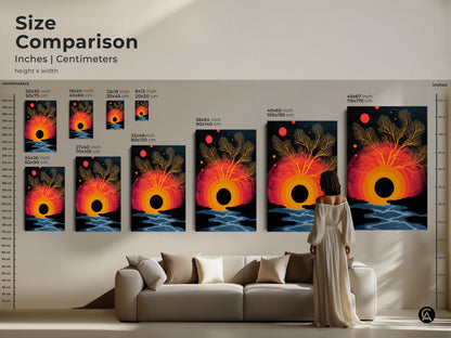 A size comparison of abstract surreal tree artwork. Inches and centimeters are provided for different canvas sizes. Find the perfect black orange and red wall art for your space. Eclectic bedroom decor and nature inspired artwork for the modern art lover. A vibrant sunset canvas.