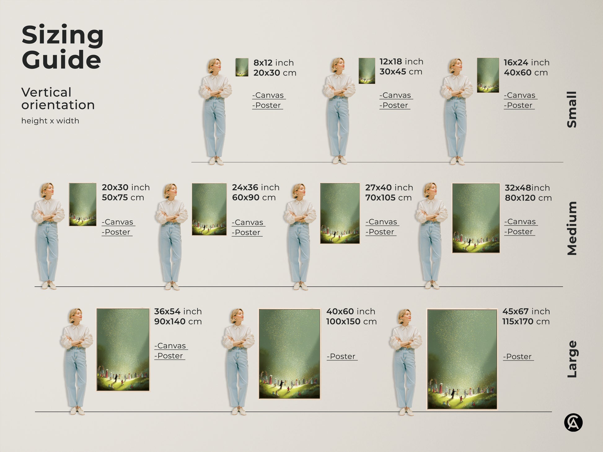 Sizing guide for vertical fantasy art prints available in canvas and poster formats. Choose from small medium and large sizes to perfectly fit your space. This whimsical children art features a magical light scene in gold and green tones ideal for eclectic home and nursery wall decor.