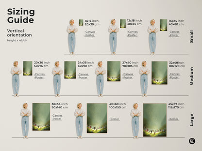 Sizing guide for vertical fantasy art prints available in canvas and poster formats. Choose from small medium and large sizes to perfectly fit your space. This whimsical children art features a magical light scene in gold and green tones ideal for eclectic home and nursery wall decor.