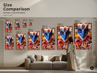 This is a size comparison for surreal mandrill face lily collage artwork. View the unique pop art in various sizes. There are many eclectic animal wall art options. Find the perfect fit for your space now.
