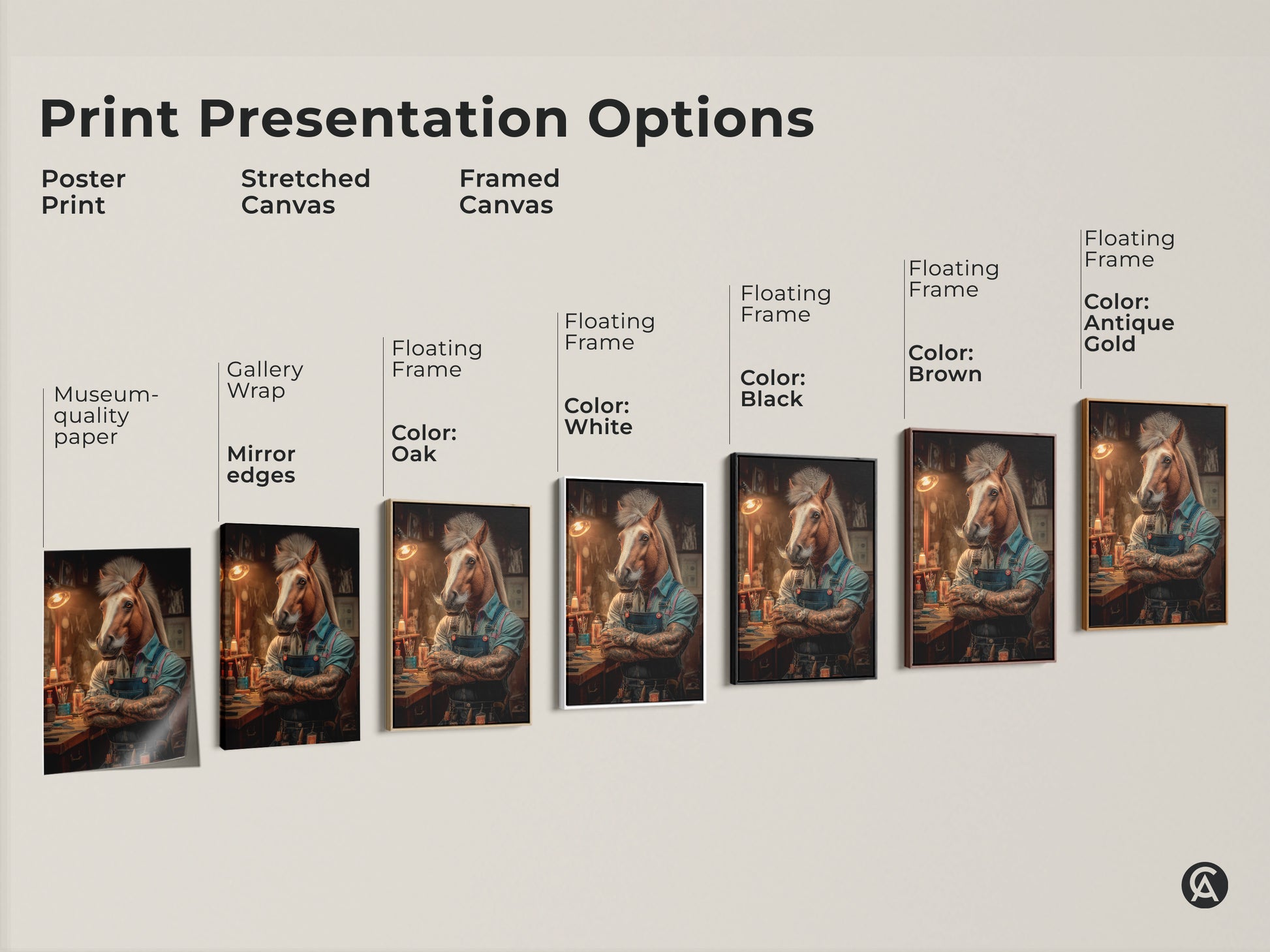 Explore print presentation options for horse barber surreal art. Choose from poster prints to stretched canvas and framed options in black brown antique gold or white. Perfect to match any decor style these animal art pieces make great gifts for horse lovers and eclectic home decor.