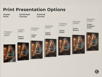 Explore print presentation options for horse barber surreal art. Choose from poster prints to stretched canvas and framed options in black brown antique gold or white. Perfect to match any decor style these animal art pieces make great gifts for horse lovers and eclectic home decor.