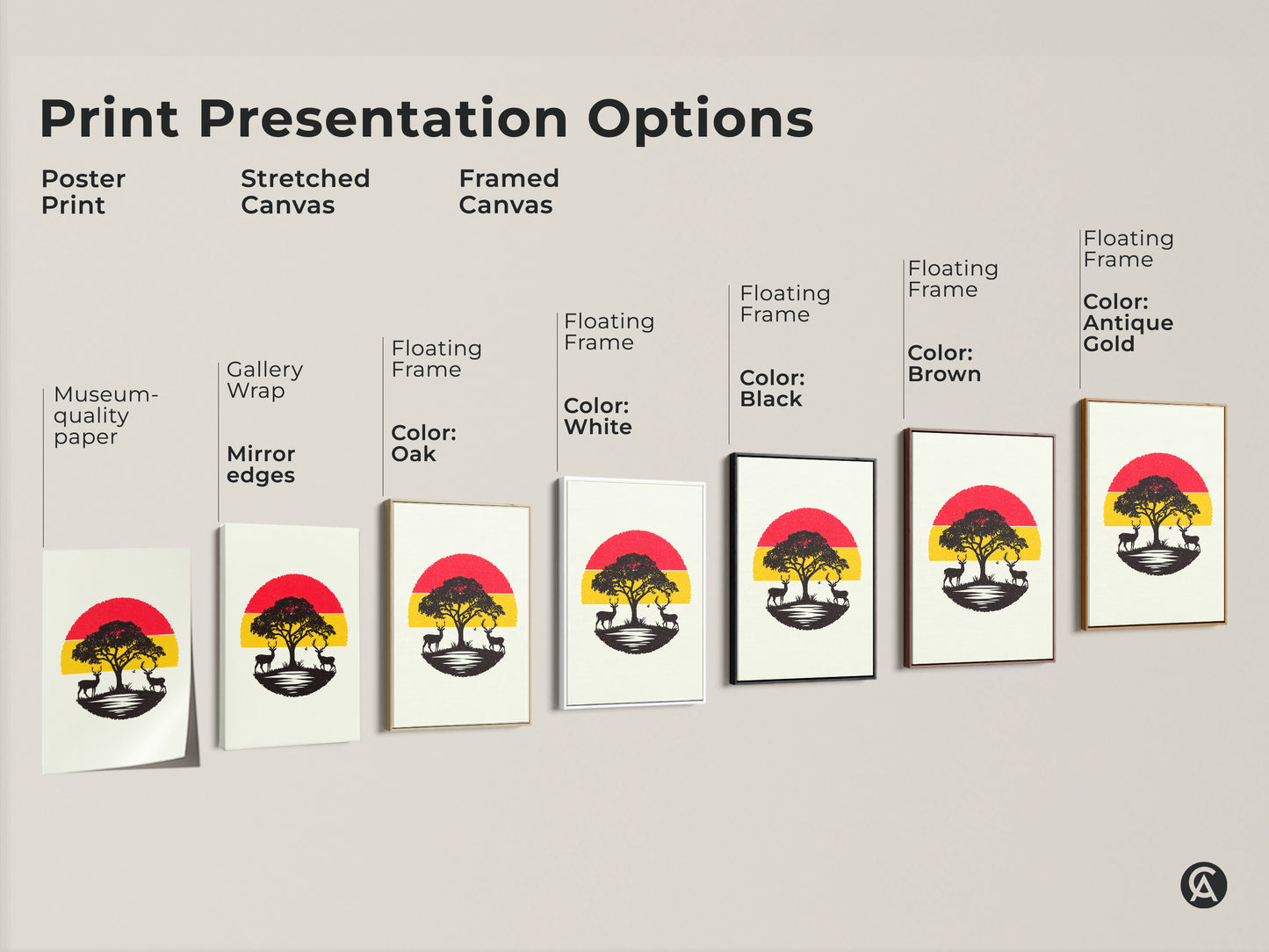 Explore print presentation options for modern landscape wall art. This includes poster prints stretched canvas and framed canvas. Each features a minimalist red and yellow sunset with deer and acacia tree silhouettes. Perfect for any decor style.
