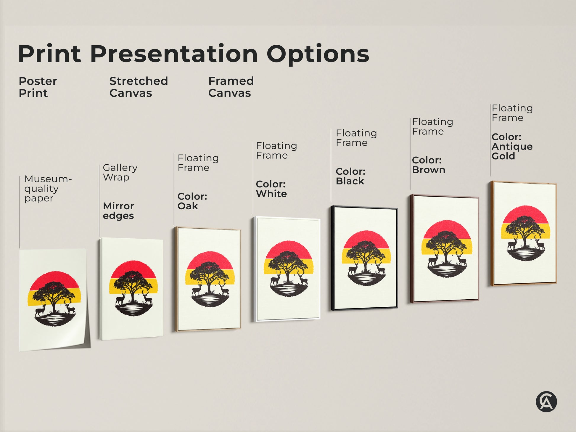 Explore print presentation options for modern landscape wall art. This includes poster prints stretched canvas and framed canvas. Each features a minimalist red and yellow sunset with deer and acacia tree silhouettes. Perfect for any decor style.