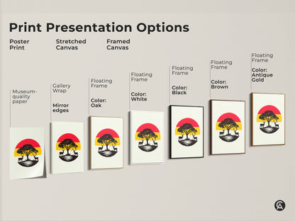 Explore print presentation options for modern landscape wall art. This includes poster prints stretched canvas and framed canvas. Each features a minimalist red and yellow sunset with deer and acacia tree silhouettes. Perfect for any decor style.