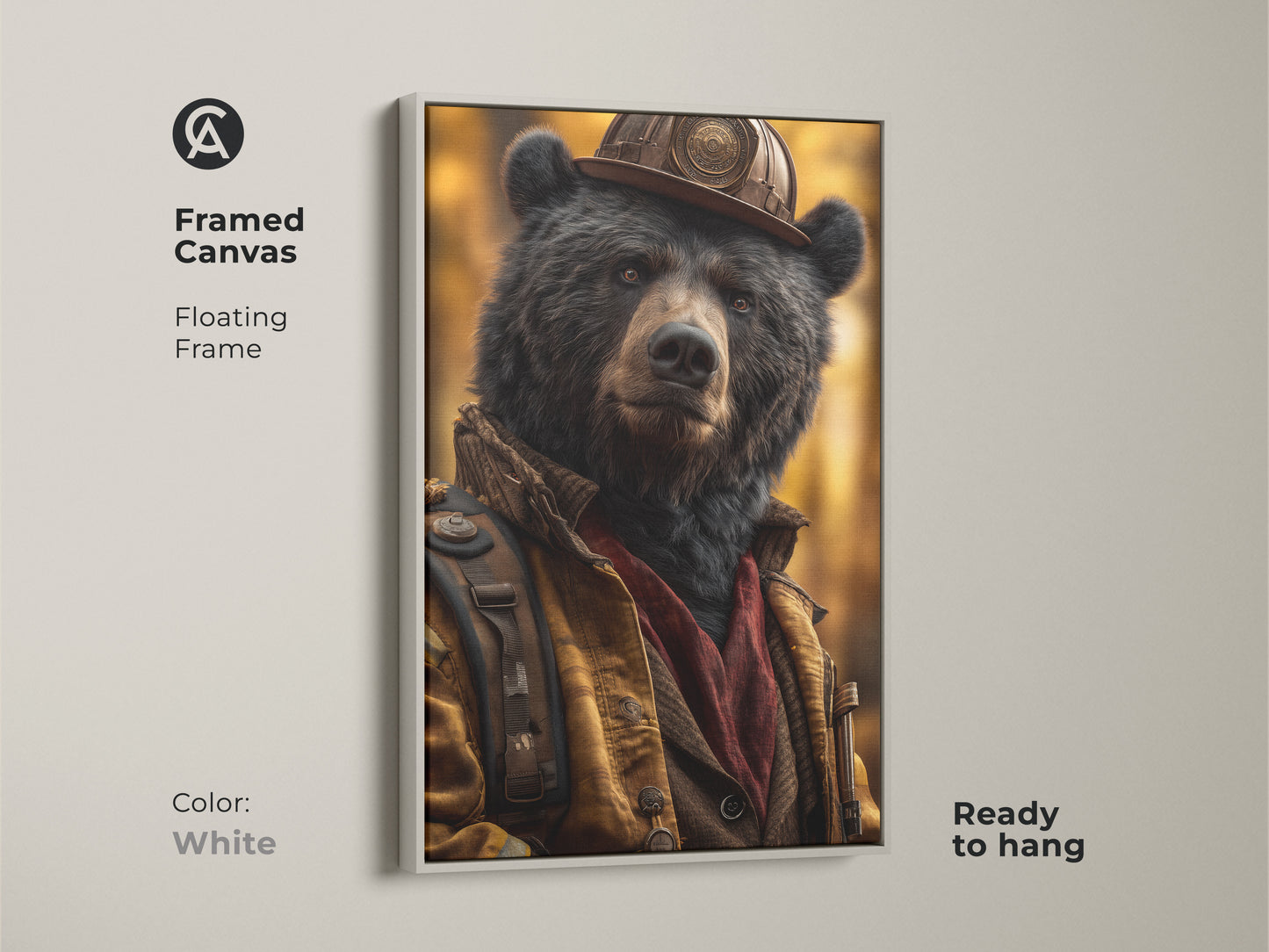 Framed canvas with a white floating frame features wildlife bear firefighter. This animal character painting adds an eclectic touch. This realistic animal art is a unique gift. Its also great as firefighter appreciation art