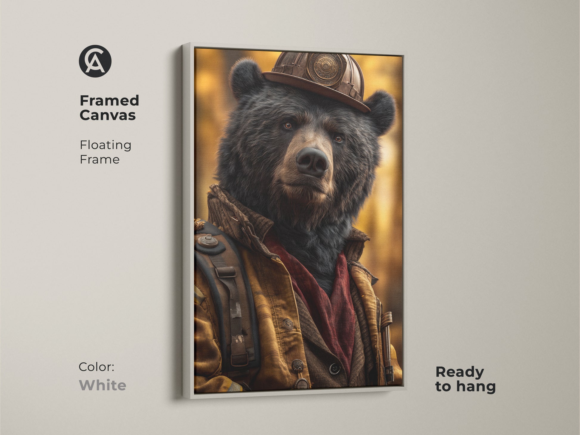 Framed canvas with a white floating frame features wildlife bear firefighter. This animal character painting adds an eclectic touch. This realistic animal art is a unique gift. Its also great as firefighter appreciation art