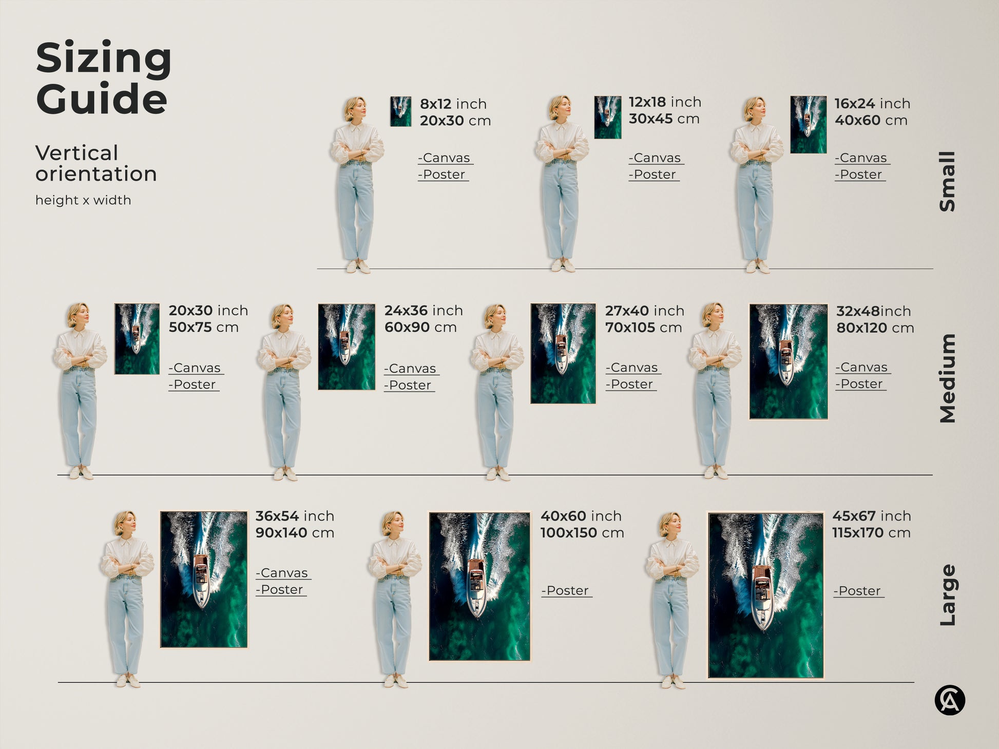 This sizing guide showcases the vertical orientation of the speedboat artwork. Available in sizes from 8x12 to 45x67 inches. Perfect for canvas or poster prints. Find the ideal size to complement your residential or office wall.