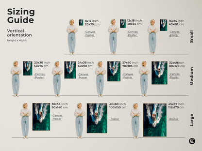 This sizing guide showcases the vertical orientation of the speedboat artwork. Available in sizes from 8x12 to 45x67 inches. Perfect for canvas or poster prints. Find the ideal size to complement your residential or office wall.