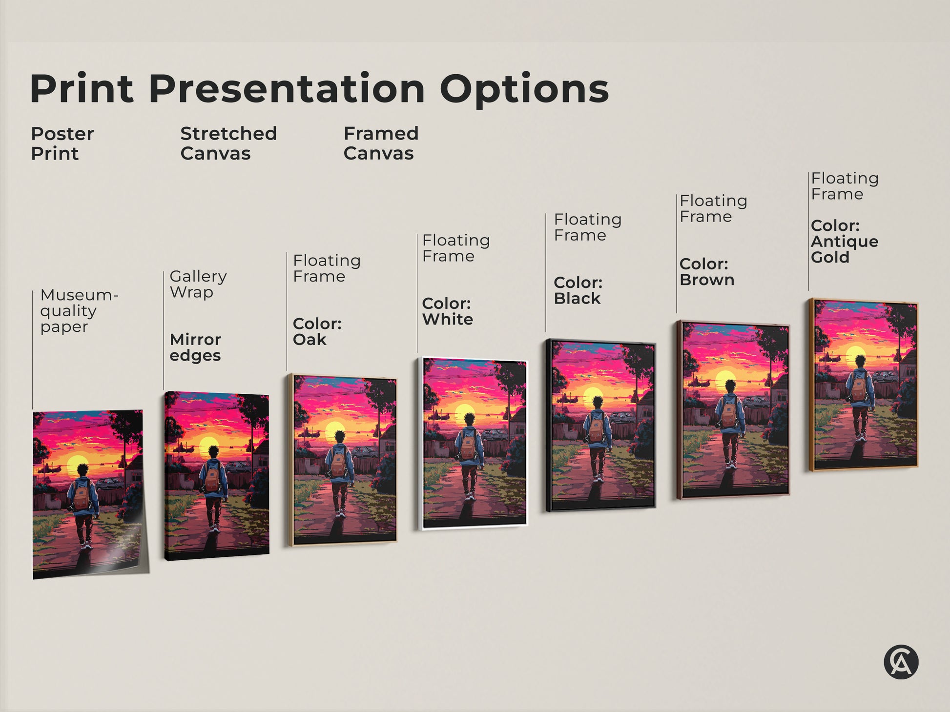 Print Presentation Options for Pixel Art Urban Sunset. See poster prints stretched canvases framed art. Choose black brown antique gold oak white frames. Find museum quality retrofuturism wall art.