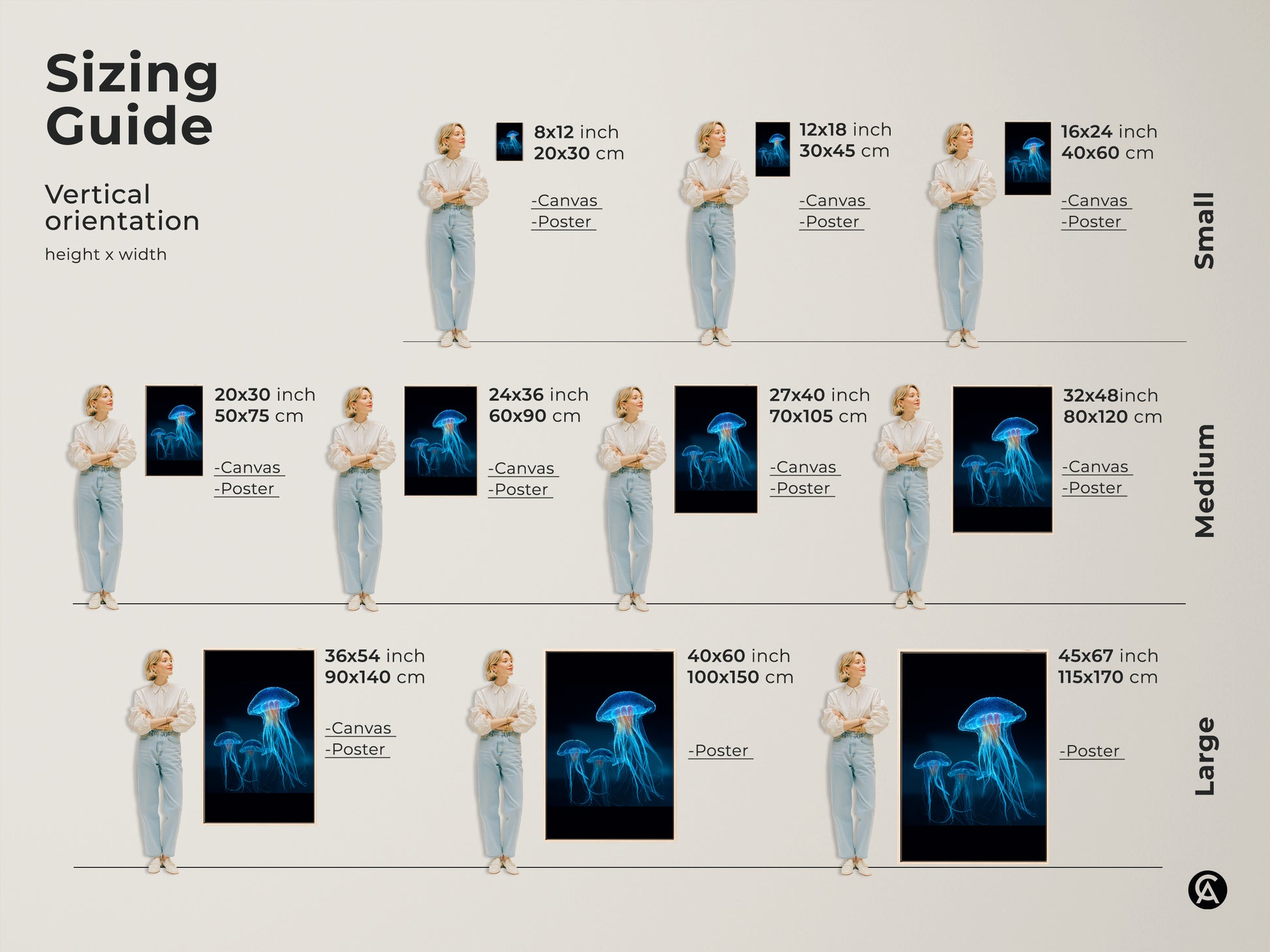 Discover the perfect size with our sizing guide. Vertical orientations showcase bioluminescent jellyfish art in various dimensions. Available as canvas or poster prints. Find the ideal fit for your space.