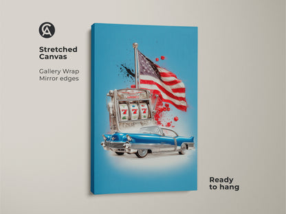 This stretched canvas showcases retro pop art. Classic car slot machine and American Flag displayed for a dynamic Americana theme. Gallery wrapped with mirrored edges creating ready to hang eclectic home artwork. Perfect as man cave decor office art or gifts.