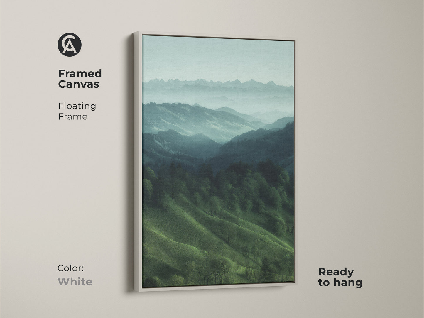 White framed canvas featuring a misty mountain landscape. Floating frame emphasizes this teal green nature artwork. Ready to hang this modern farmhouse decor. It's a great housewarming gift for hiker and outdoor lovers. Calming forest view art.