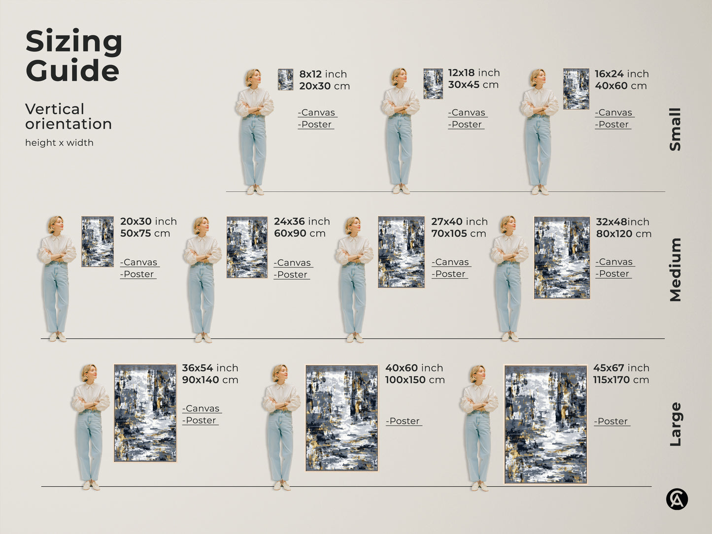 Sizing guide for vertical abstract canvas art and poster prints. Visualize different sizes from small to large. See how textured gold leaf artwork fits your space. Sizes range from 8x12 to 45x67 inches. Perfect for modern neutral wall art.