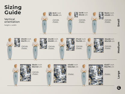 Sizing guide for vertical abstract canvas art and poster prints. Visualize different sizes from small to large. See how textured gold leaf artwork fits your space. Sizes range from 8x12 to 45x67 inches. Perfect for modern neutral wall art.