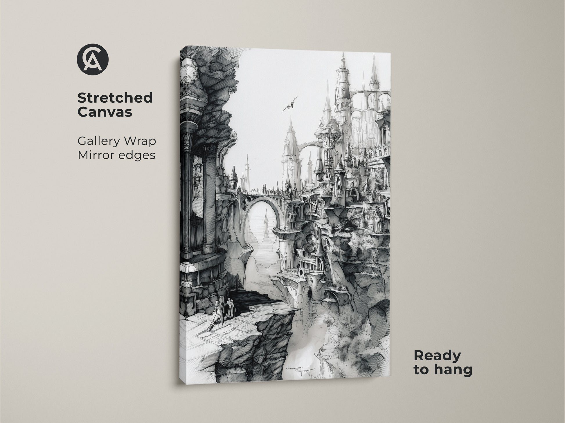 Stretched canvas artwork showing a fantasy cityscape. The gallery wrap canvas has mirror edges. It comes ready to hang. The detailed black and white art features gothic architecture and a dramatic landscape. Buy now.