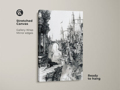 Stretched canvas artwork showing a fantasy cityscape. The gallery wrap canvas has mirror edges. It comes ready to hang. The detailed black and white art features gothic architecture and a dramatic landscape. Buy now.