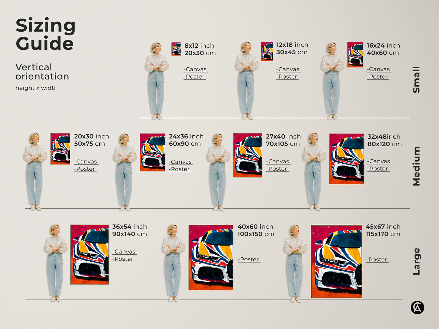 Sizing guide for abstract automotive art prints. Visual representation of artwork in vertical orientations for canvases and posters. See art in various sizes for walls. Find the right fit for supercar art.