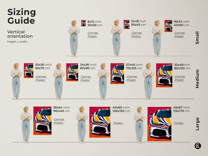Sizing guide for abstract automotive art prints. Visual representation of artwork in vertical orientations for canvases and posters. See art in various sizes for walls. Find the right fit for supercar art.