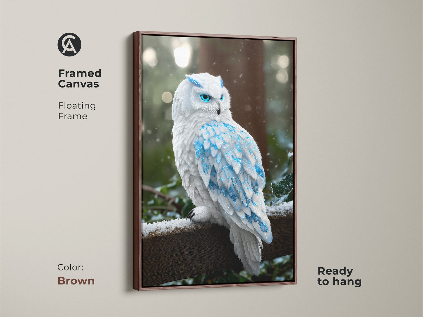 Brown framed canvas featuring fantasy snowy owl art. The blue crystal feathers and winter forest add a serene touch. Ready to hang this arctic owl painting is a perfect animal lover gift. Cyan feather art.