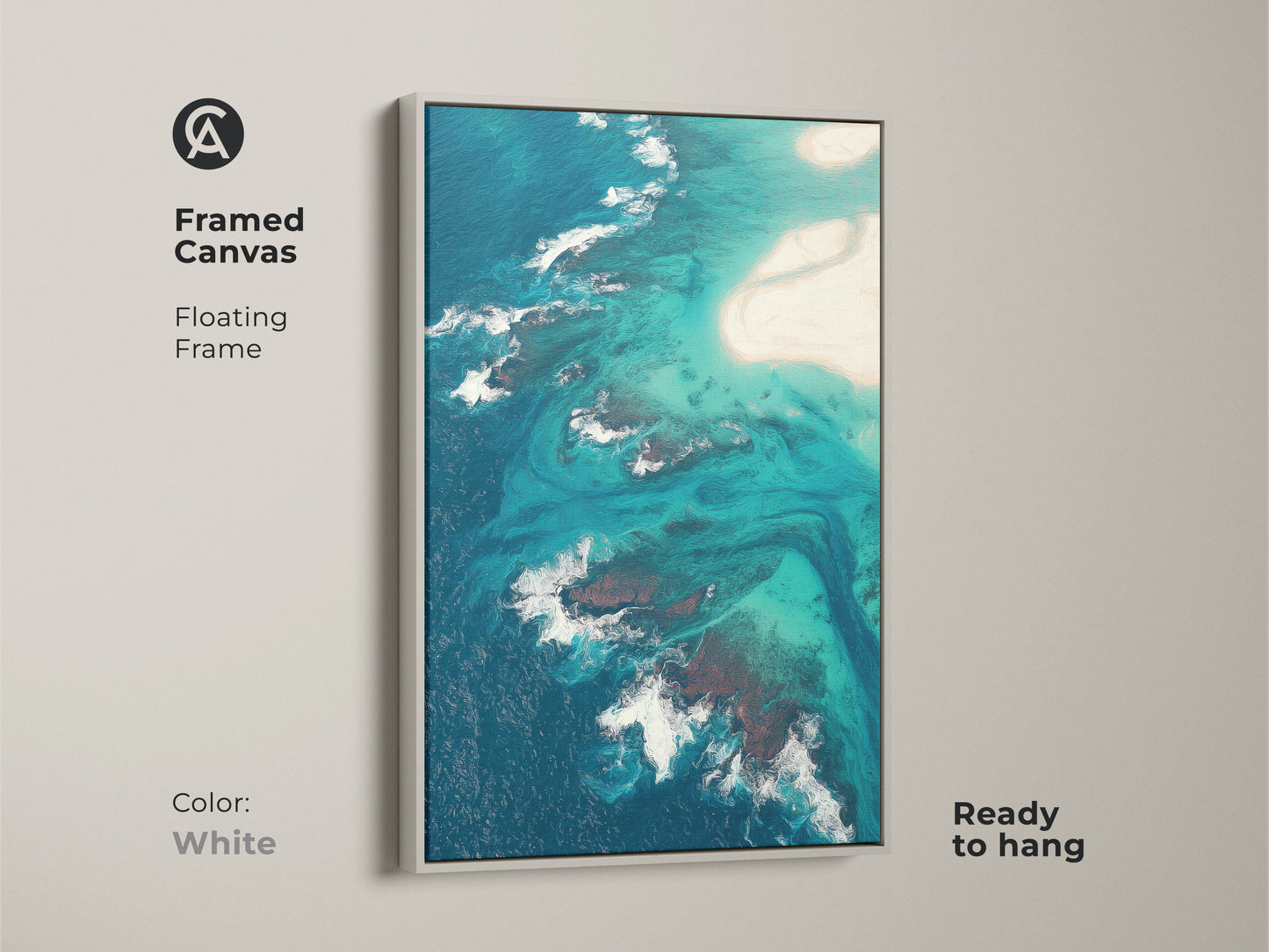 Framed canvas featuring abstract aerial ocean art. White floating frame accentuates the turquoise beach canvas wall art. This deep blue seascape decor is ready to hang. A great addition to coastal and modern interiors.