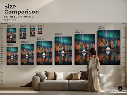 Size comparison of aurora borealis tipi camp artwork in inches and centimeters. See how different sizes fit above a sofa in a living room setting.  Choose the ideal scale for your boho nature landscape canvas or poster print.