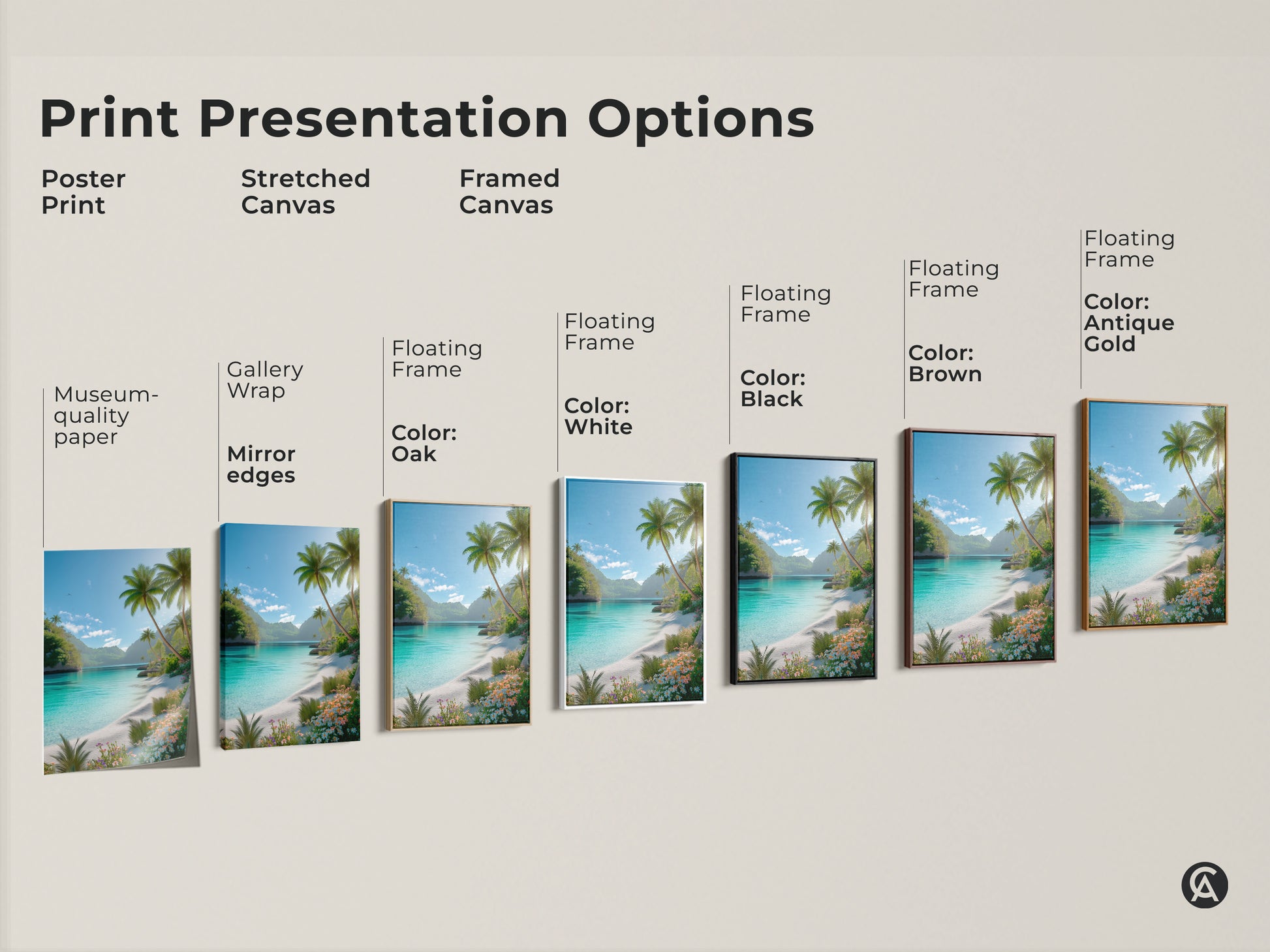 Print presentation options for tropical beach artwork. Choose between poster prints stretched canvas and framed canvas. Each art print shows turquoise water palm trees and flowers. Shop now.