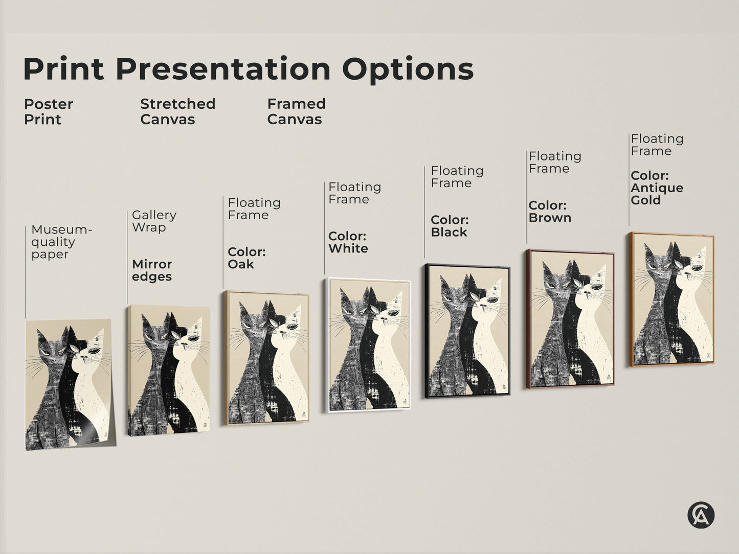 Print presentation options for Mid-Century Modern cat artwork. Choose from poster prints stretched canvas or framed canvas. Each features a duo of cats in a black and white linocut style perfect for adding a modern touch to your home art.