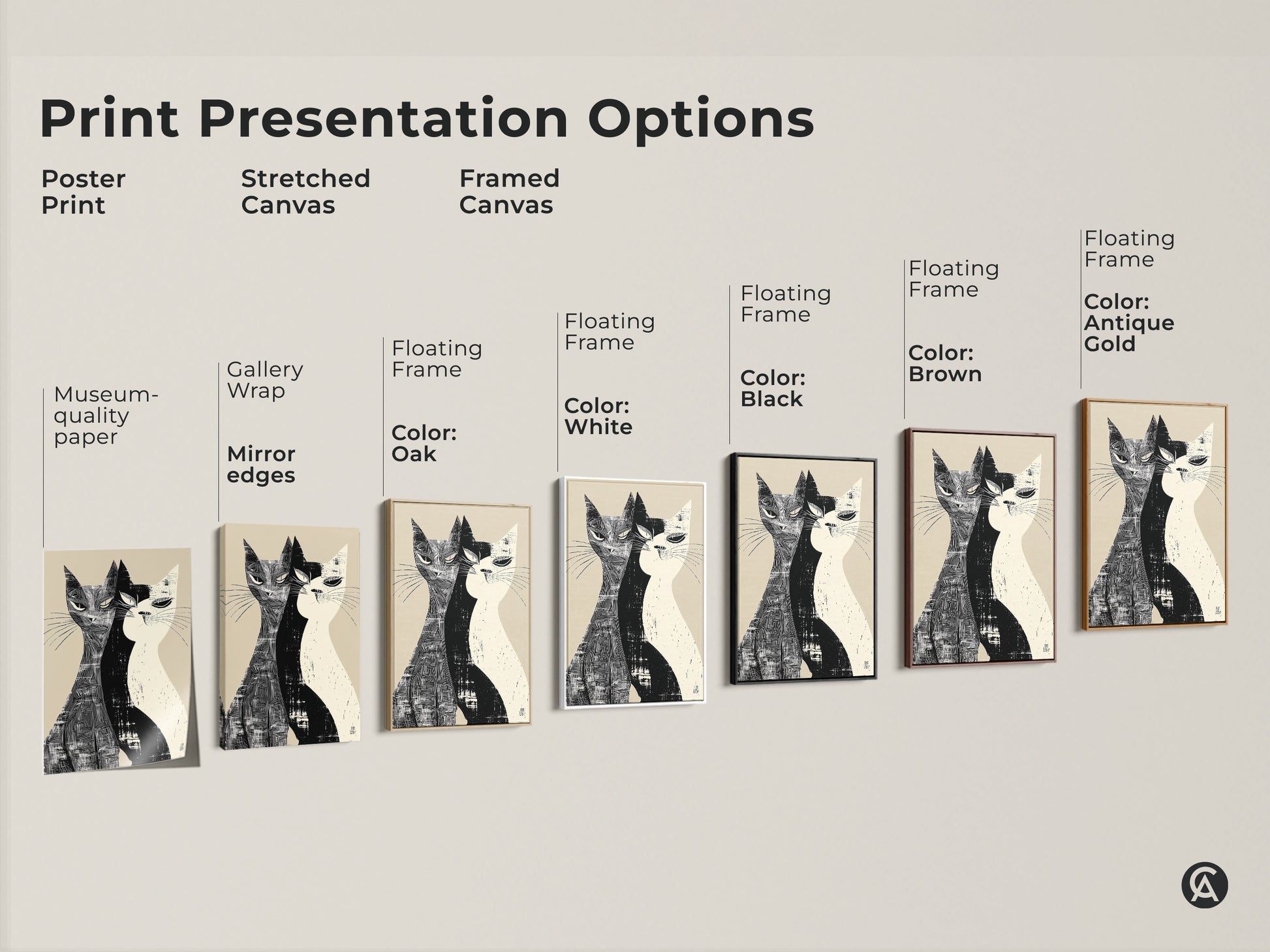 Print presentation options for Mid-Century Modern cat artwork. Choose from poster prints stretched canvas or framed canvas. Each features a duo of cats in a black and white linocut style perfect for adding a modern touch to your home art.