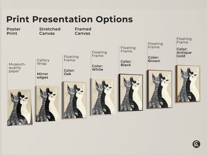 Print presentation options for Mid-Century Modern cat artwork. Choose from poster prints stretched canvas or framed canvas. Each features a duo of cats in a black and white linocut style perfect for adding a modern touch to your home art.