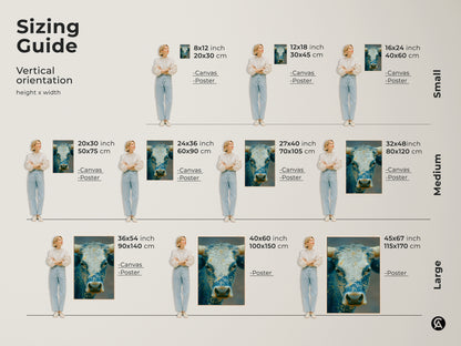 Sizing guide for vertical bull artwork. Available as canvas or poster prints in various dimensions. Find the perfect fit for your space from small to large sizes. Enhance your home decor with this captivating animal portrait.