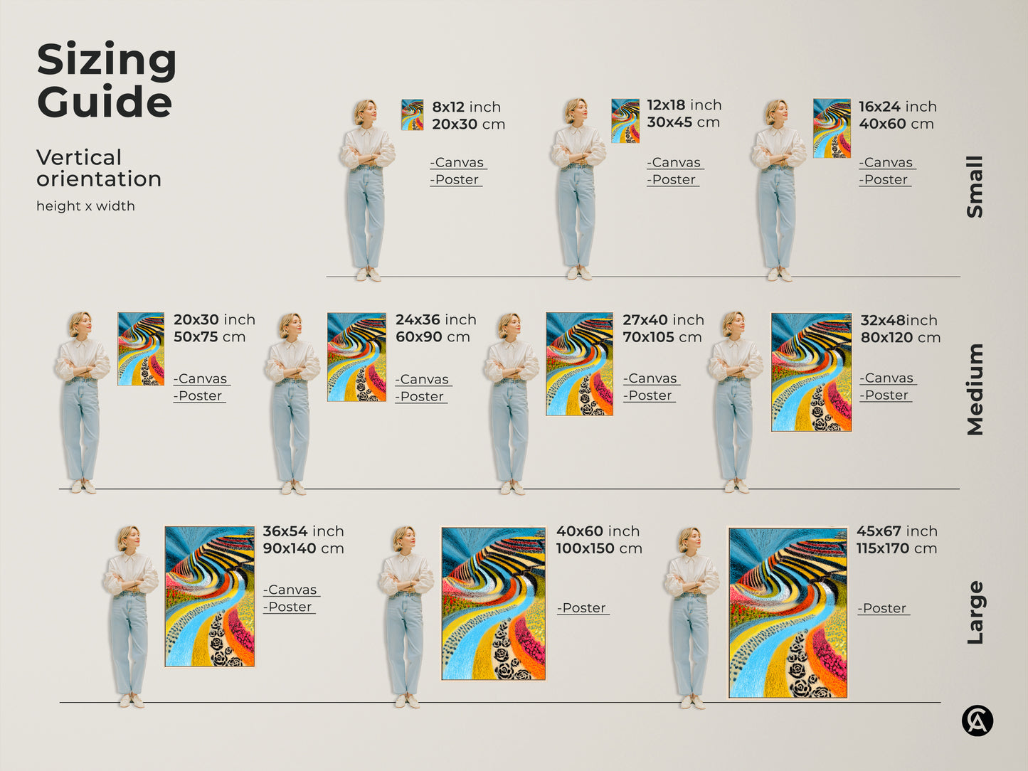 Sizing guide for vertical folk art landscape. Visualize dimensions for canvas and poster prints. Choose the ideal size for abstract blue river art. Perfect wall art for your dining room or creative office. Find the best fit for housewarming gifts. Sizes include small medium and large.