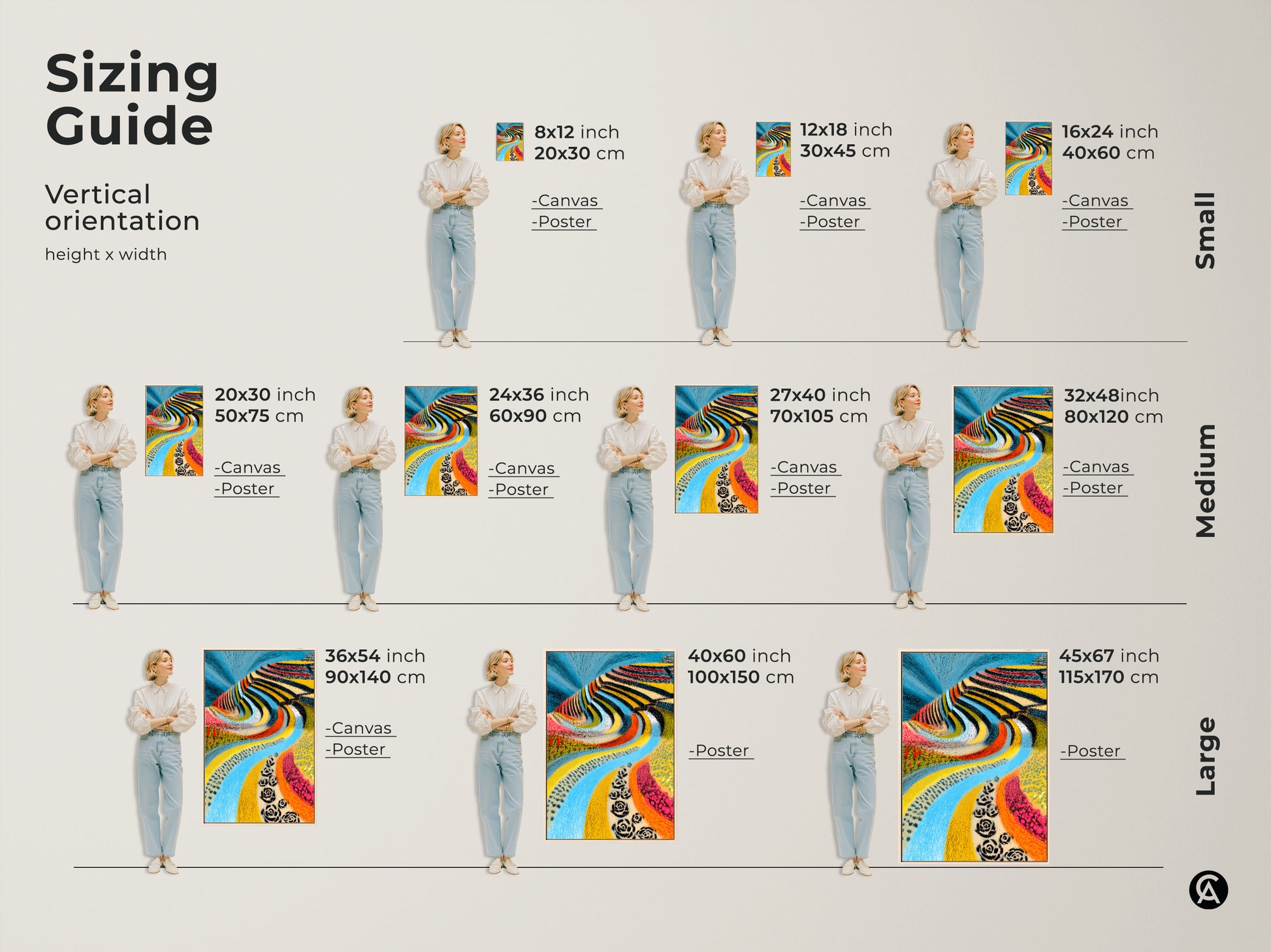 Sizing guide for vertical folk art landscape. Visualize dimensions for canvas and poster prints. Choose the ideal size for abstract blue river art. Perfect wall art for your dining room or creative office. Find the best fit for housewarming gifts. Sizes include small medium and large.