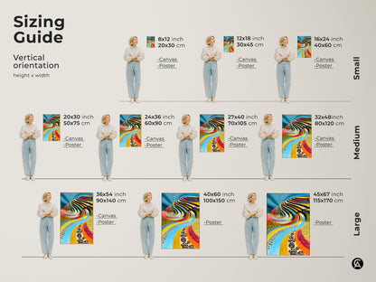 Sizing guide for vertical folk art landscape. Visualize dimensions for canvas and poster prints. Choose the ideal size for abstract blue river art. Perfect wall art for your dining room or creative office. Find the best fit for housewarming gifts. Sizes include small medium and large.