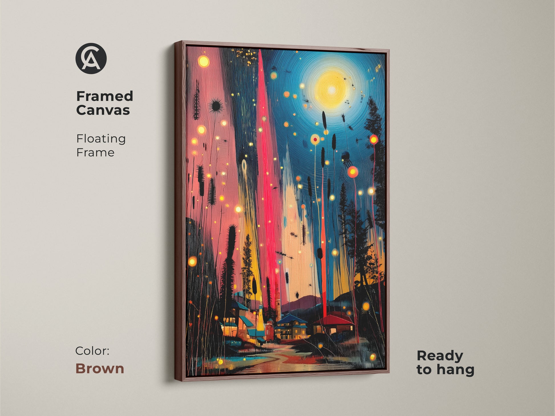 Framed canvas in brown featuring abstract teal and pink art. The floating frame accentuates the village night scene. Ready to hang this artwork enhances eclectic interiors with color and charm.